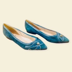VTG PETER FOX 80’s Teal Italian Suede Metallic Eye of Horus Embellished Flats